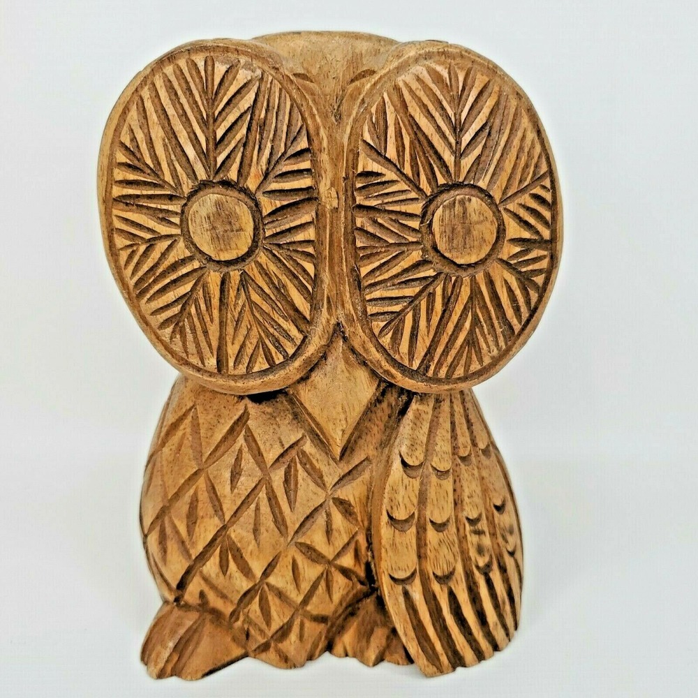 Hand Carved Wood Owl Figurine 6.5" Sculpture Brown Rustic Decor Philippines Vtg